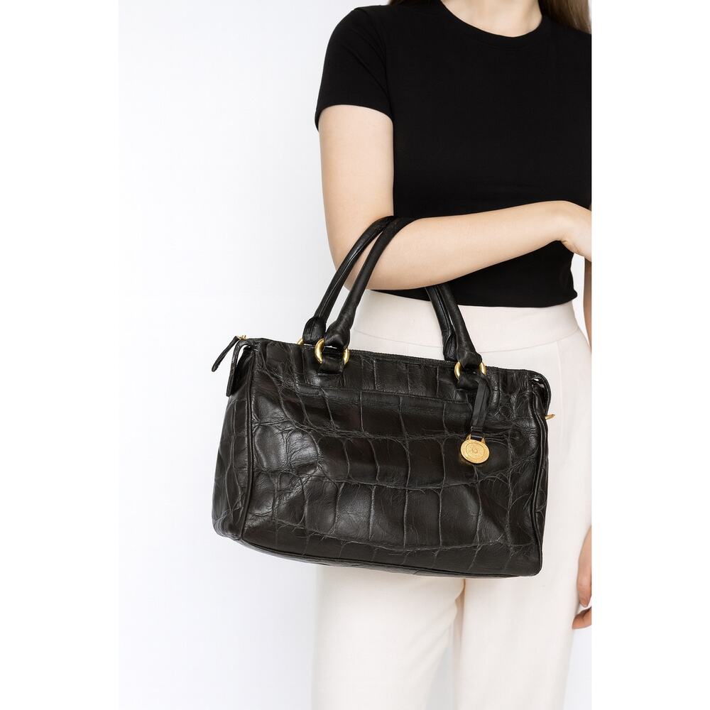Authentic Brahmin Black Croc-Embossed Leather Satchel
